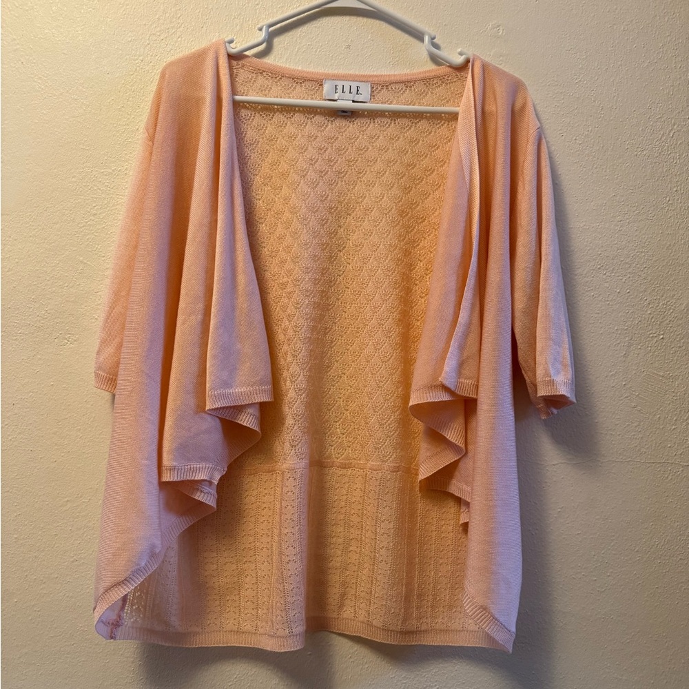 ELLE Peach Knit Draped Cardigan Peach Short Sleeve Open Front Layering Shrug L